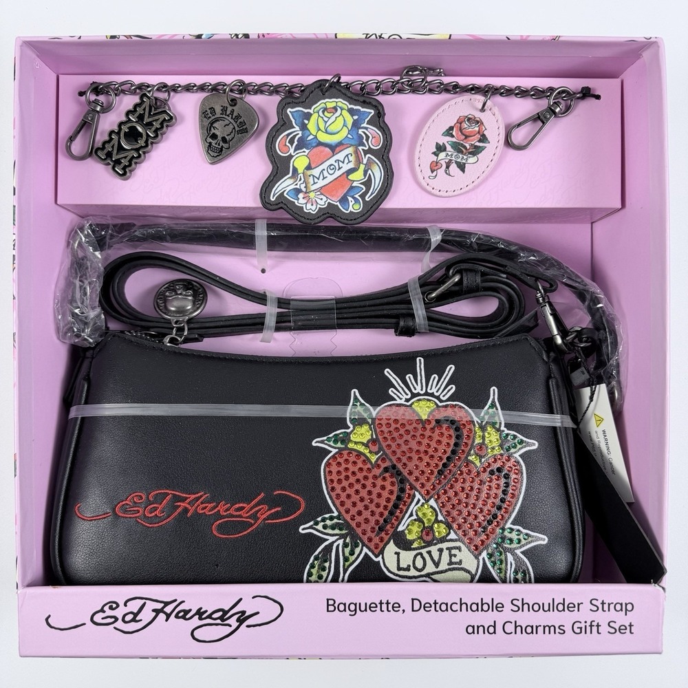 Ed Hardy Black Rhinestone Heart Baguette Shoulder Bag w/ Charms Gift‎ Set
